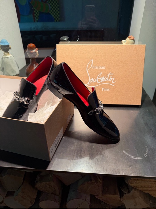 Christian Louboutin Other - Christian Louboutin Black Patent Red Bottom Silver Chain Loafer